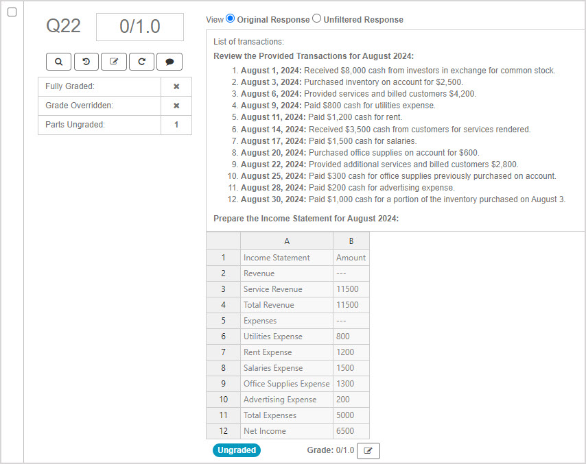 A sample question pane with one spreadsheet component.